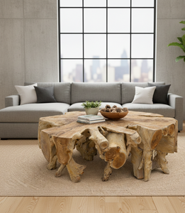 Mesa de Centro Multifuncional de Raíz de Teca Natural, Hecha a Mano con Madera Sólida, Elegante y Resistente, con Cubierta de Vidrio, Mueble de Lujo para el Hogar - Product Image 5