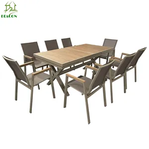 Metal dış mekan teras balkon yemek masası uzatın ve 8 lüks dış mekan yemek masası yemek masası ve 8 sandalye için sandalye seti