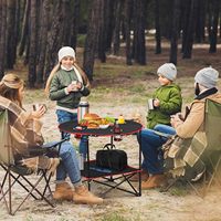 Table de pique-nique pliante portable ronde avec sac de rangement, 4 porte-gobelets, 2 niveaux, mobilier d'extérieur, plage, métal noir