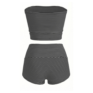 Viviblook D26ST116 Women Summer <b>Set</b> Sexy Striped Strapless Sleeveless Crop Top High Waisted Folded Waist Shorts Two Pieces <b>Set</b> - Product Image 6