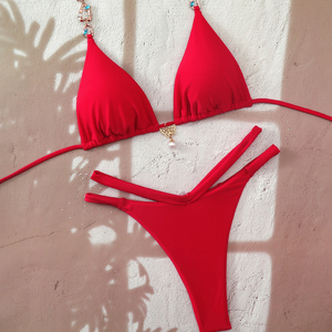 Conjunto de Bikini Rojo Sexy de 2 Piezas con Colgante de Perla de Mariposa, Traje de Baño para Mujer para Vacaciones en la Playa - Product Image 6