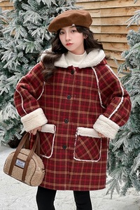 Hiver Filles Rouge Long Plaid 100% Polyester <span class=keywords><strong>Vero</strong></span> <span class=keywords><strong>Moda</strong></span> Coat Fashionable Warm Christmas Vibe Button - Product Image 4