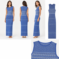 Robe maxi en tricot rayée bleu royal pour femmes, col rond, sans manches, coupe ajustée, OEM ODM