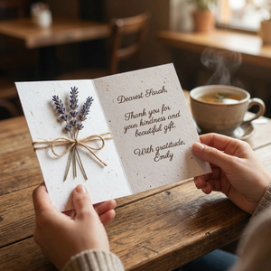 Cartes de remerciement personnalisées en papier vanille fait main avec logo, corde de chanvre et lavande séchée |   Cartes de vœux rustiques personnalisées en gros - Product Image 2