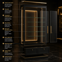 Vitrine de présentation de luxe noire et or avec éclairage LED et étagères en verre pour cosmétiques, idéale pour les boutiques de détail