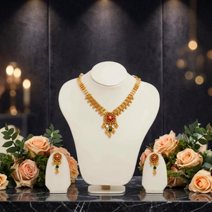 Conjunto de collar tradicional de oro kundan con cadena de perlas, colgante de piedra rosa y aretes a juego, joyería nupcial india. - Product Image 3