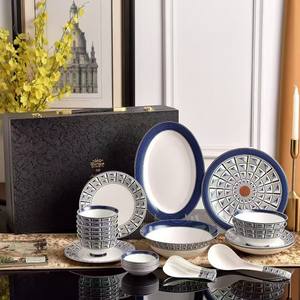 Service de table en céramique de style vintage marocain, assiette bohème, tasse, bol rond en porcelaine pour 6 personnes, pour le petit-déjeuner, pour les hôtels - Product Image 1