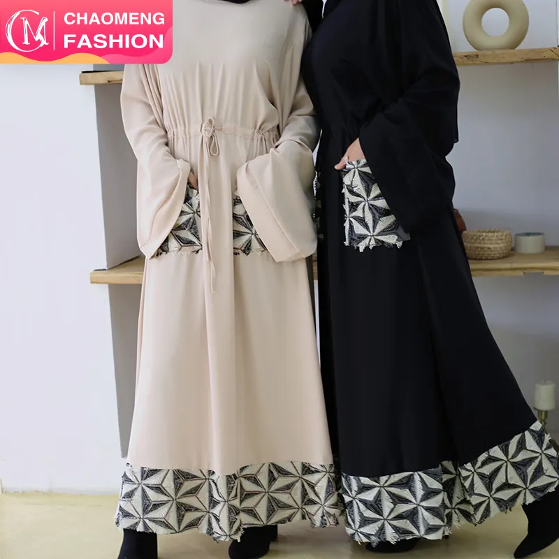 6402# Stylish Turkey Closed Abaya With Front Pockets Sequins Islamic Clothing Nida Muslim Dresses Dubai
