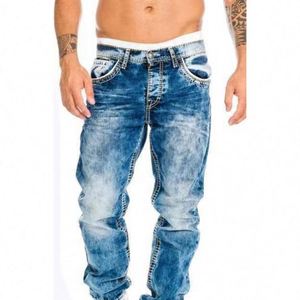 Jeans Regolari da Uomo con Design Personalizzato, Verniciatura a Spruzzo Blu, Effetto Strappato e Distrutto - Product Image 1
