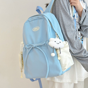 Lilac Solid Color <b>Backpack</b> 15 Inches <b>Large</b> <b>Capacity</b> For Girls Student <b>Backpack</b> With Cloud Charm And Drawstring Pocket - Product Image 2