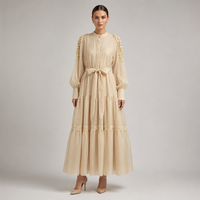 Robe longue de soirée beige de luxe pour femme, avec appliques florales 3D, perles et col montant, manches évasées, style modeste, vente en gros pour boutiques