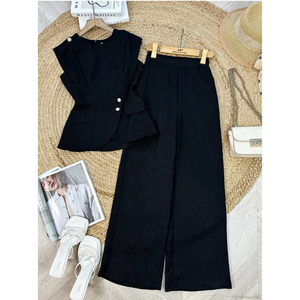 Faldas Lisas Teñidas hasta el Tobillo para Mujer, Vietnam, 150 GSM, Conjunto de Ropa Femenina con Top Peplum Asimétrico y Pantalones de Pierna Ancha - Product Image 5