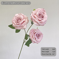 Bunga Mawar Buatan Real Touch Faux Diamond 3 Kepala 10cm, Bunga Mawar Palsu untuk Toko Bunga, DIY Buket, Grosir, Pasokan Massal