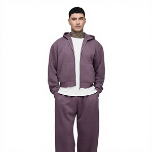 Street Wear Zipper Tracksuit 100% Cotton French Terry Blank Stacked <b>Trouser</b> and Zipper Hoodie Oversized Tracksuit For Men's - Product Image 1