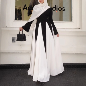 Vestidos musulmanes elegantes de manga larga para mujer Nuevo choque de color blanco y negro con patchwork de lazo - Product Image 1