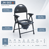 Chaise de toilette pliante avec seau amovible, accoudoirs rembourrés profilés, dossier, poignée de transport, cadre noir