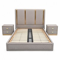 Luxuriöses Polsterbett-Set mit 2 Nachttischen, Diamant-Steppung, Goldakzent-Kopfteil, Schubladenspeicher, Graue Schlafzimmermöbel