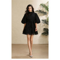 Robe Mini Élégante de Soirée pour Femme, Col Montant, Manches Bouffantes en Dentelle Vintage, Taille Nouée, Coupe Trapèze, Qualité Supérieure