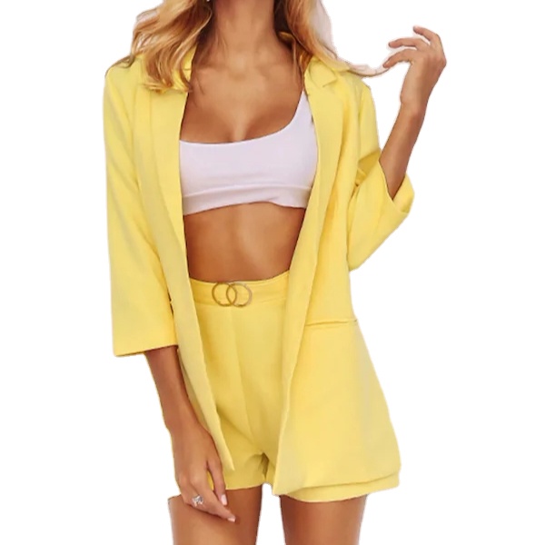 KY Women's Half Sleeve Yellow Blazer Suit Notched Collar 0