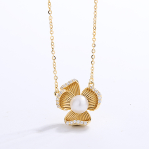S925 <b>Silver</b> Freshwater Pearl Necklace CZ Pave <b>Fan</b> Shaped Pendant Jewelry Elegant Wedding Gift for Women - Product Image 2
