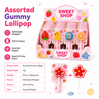 Assorted Shape Gummy Lollipop 10g Mixed Fruit Flavor Sugar Coated Soft Candy Display Box