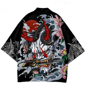Кимоно для косплея для мужчин и женщин, традиционный японский кардиган с принтом демонов, самурая хаори Оби, юката, Пляжная азиатская одежда, 5XL 6XL
