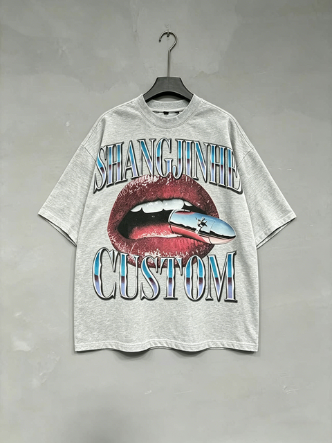ShangJinHe Men's Custom 100% Cotton Oversized Short Sleeve T Shirt with Lip and Bullet Graphic Print Grey Streetwear Tee