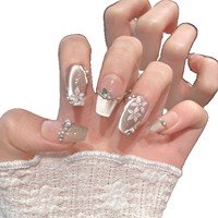 2 Autocollants d'ongles complets en acrylique rose faits à la main, Fleurs 3D, Ongles à presser, Effet œil de chat, Formes Cercueil, Amande, French, Longues pointes, Stiletto, Papillon
