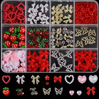 Kit de 12 grilles de strass 3D en alliage pour nail art, motifs papillon, cerise, fleur, fraise, ruban en résine, nœud, breloques et accessoires pour ongles