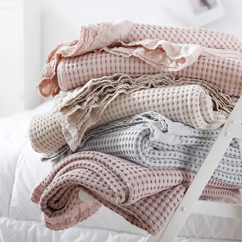 Wholesale Cotton Waffle Weave Blanket, Breathable and Skin-Friendly, Washed Soft Lightweight for Couch Bed Sofa, All Season