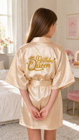 Robe de chambre en satin respirant pour femme, style kimono court, pour anniversaire, automne-printemps, costume de fête et séance photo, avec lettres dorées scintillantes