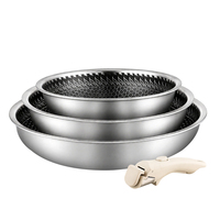 Ensemble de poêles antiadhésives en acier inoxydable 3 plis avec poignée amovible, motif nid d'abeille, 4 pièces, empilables, gain de place, pour cuisinières à induction