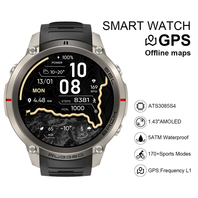 2026 DM59 Smart Watch Offline Map Built-in GPS 1.43inch Amoled Screen 5ATM Waterproof Compass Sports Relojes Smartwatch for Men
