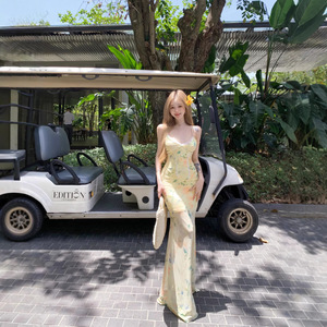 Women's Backless Halter Dress Pale Yellow Floral Print Bodycon Maxi Mermaid Skirt Stretch Chiffon Summer Resort Style - Product Image 2