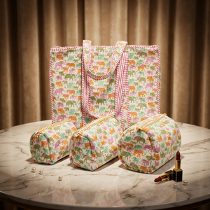 Sac fourre-tout en coton imprimé, ensemble de 3 trousses de maquillage à fermeture éclair assorties, sac de courses réutilisable écologique pour la plage, les voyages, les cosmétiques et le quotidien - Product Image 5