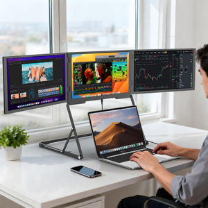 Extenseur d'écran portable triple, entièrement en aluminium, quatre écrans 3×18,5” QHD HDR IPS USB-C et HDMI, compatible avec les ordinateurs portables de 11 à 18 pouces, 2,5K - Product Image 5
