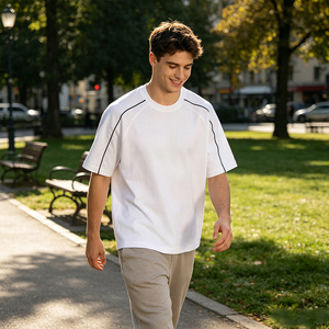 T-shirt Homme Oversize à Manches Courtes Col Rond avec Bordure Contrastante Couleur Unie Décontracté Tricoté 100% Coton Respirant Ample - Product Image 1