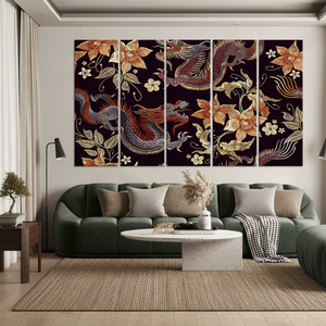 Ensemble de 5 panneaux décoratifs muraux modernes à motifs asiatiques, imprimés de dragons et de fleurs, style Art Déco, sur toile - Product Image 3