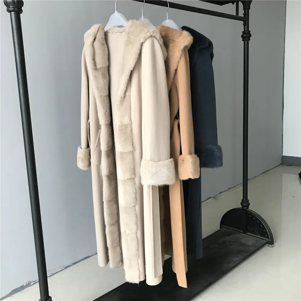 Cappotto lungo in misto lana Cashmere alla moda invernale con cappuccio da donna con collo in visone Premium di vendita calda