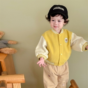 Chaquetas <span class=keywords><strong>de</strong></span> béisbol con etiquetas para niños, Little Left and Right, estilo coreano a la moda para otoño, tops con diseño <span class=keywords><strong>de</strong></span> oso para bebés - Product Image 1