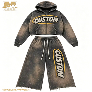 2026 Felpa Corta con Zip in Ciniglia con Strass, Lavaggio Acido, Grammatura Pesante 480GSM <span class=keywords><strong>Set</strong></span> Tuta Sportiva con Felpa e Pantaloni a Gamba Larga per Uomo - Product Image 1