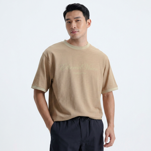 T-shirt Homme Beige à Manches Courtes Col Rond Coupe Oversize Décontracté 100% Coton Jersey Respirant Écologique 240g Couleur Unie Tricoté - Product Image 4