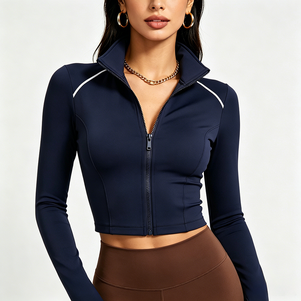 Custom Women Cropped Yoga Jacket Full Zip Four-Way Stretch High Elastic Seamless Long Sleeve Gym Top Breathable Regular Front