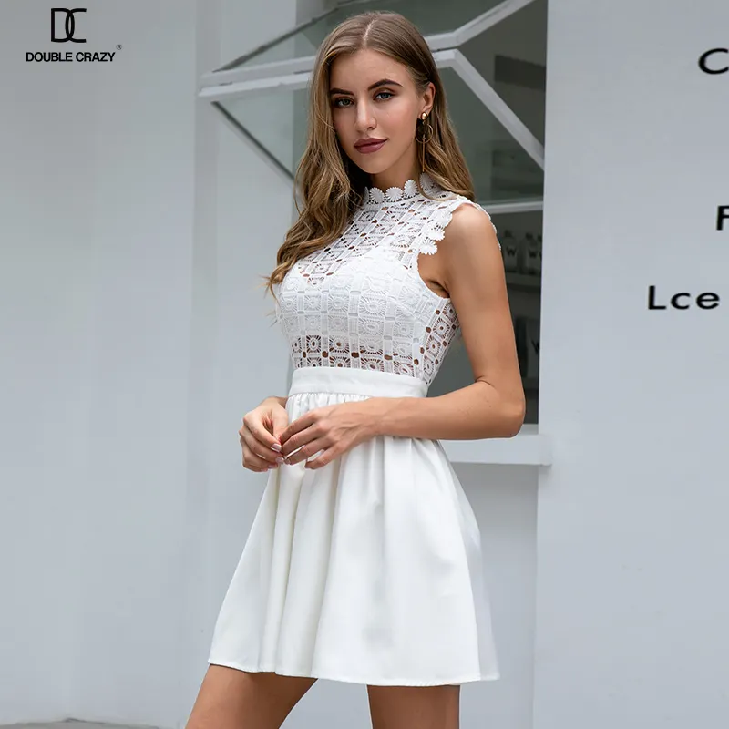 Weixin Stock Womens Clothing Sexy Summer Fashion Sleeveless Halter Knotted Lace Skater Party New Design Dress