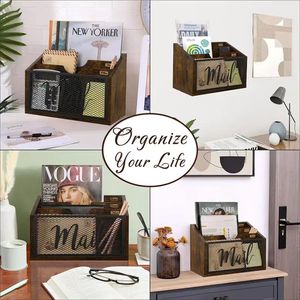 Wooden Iron Mail Storage <b>Box</b> With Dividers Open Top Desk Organizer Retro Brown Letter Holder <b>File</b> Organizer - Product Image 4