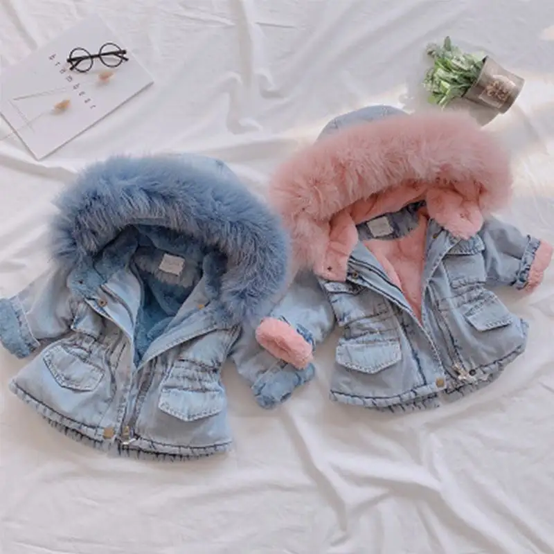 Moda kış bebek ceket kızlar için kalın Faux kürk çocuk dış giyim giyim bebek kız sıcak giysiler çocuklar kızlar Denim mont 1-6Y