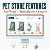 Développement de site Web et mobile Shopify pour produits et accessoires pour animaux de compagnie avec filtres par type d'animal et commandes par abonnement
