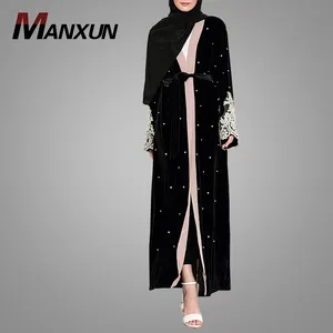 批发在线时尚蕾丝设计和服 Abaya 长袖黑色迪拜正面打开 Abaya 与珍珠现代伊斯兰服装