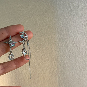 Orecchini pendenti in pietra asimmetrici al chiaro di luna con nappine per ragazze gioielli di moda personalizzati orecchini luna e stella - Product Image 5