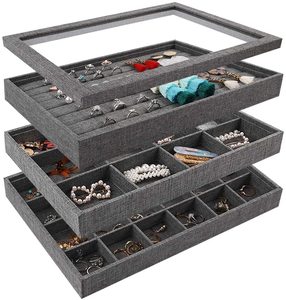 Stackable Sackcloth Jewelry Trays Organizer Set with Clear Lid Jewelry Storage Display Trays for Drawer Earring Necklace